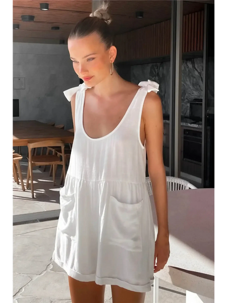 Trendsi casual white vacation romper sleeveless with bow shoulder straps and front pockets