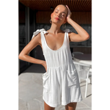 Trendsi casual white vacation romper with tie shoulder straps and front pockets