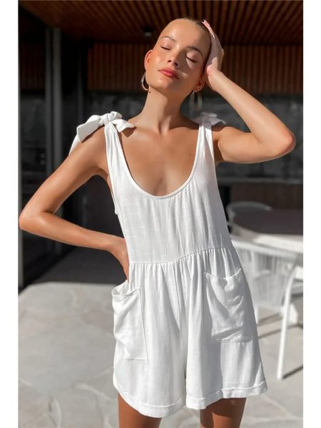 Trendsi casual white vacation romper with tie shoulder straps and front pockets