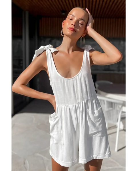 Trendsi casual white vacation romper with tie shoulder straps and front pockets