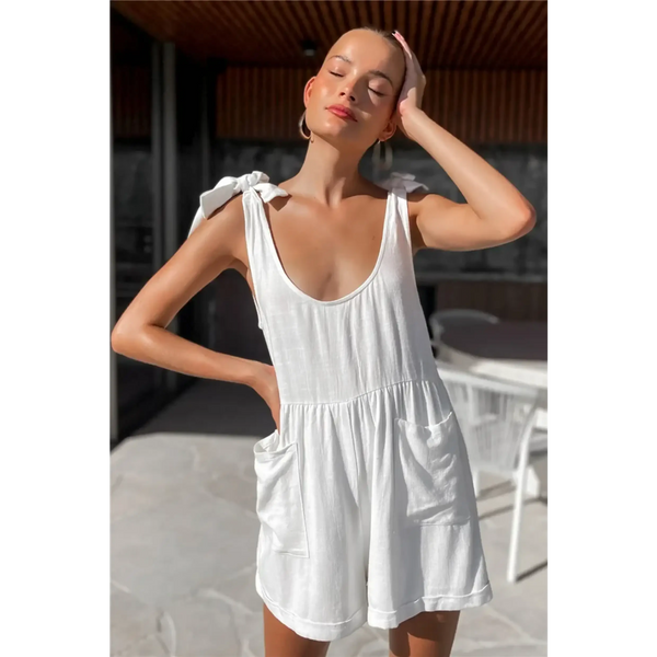 Trendsi casual white vacation romper with tie shoulder straps and front pockets