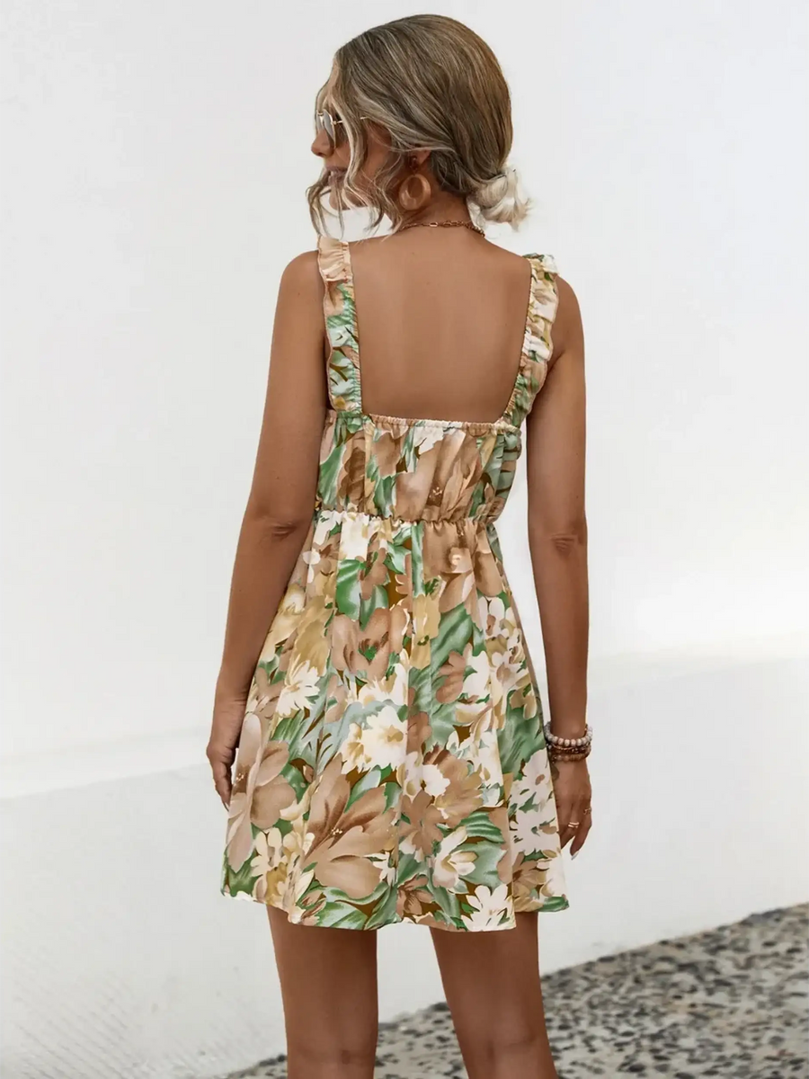 Babe Beachwear  chic floral sundress for women with ruffle straps and a gathered waist mini dress