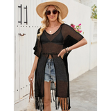 Chic lightweight beach cover up by Babe Beachwear in black mesh with fringe detailing