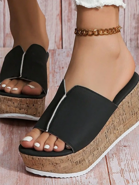 Trendsi chic peep toe sandals for women with black upper and cork wedge heel