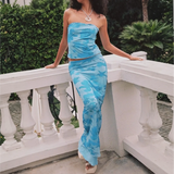 Trendsi chic two piece beachwear with blue patterned strapless top and matching long skirt set