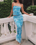 Trendsi chic two piece beachwear with blue patterned strapless top and matching long skirt set