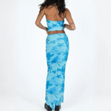 Trendsi chic two piece beachwear skirt set in blue floral pattern with a long fitted skirt and matching top