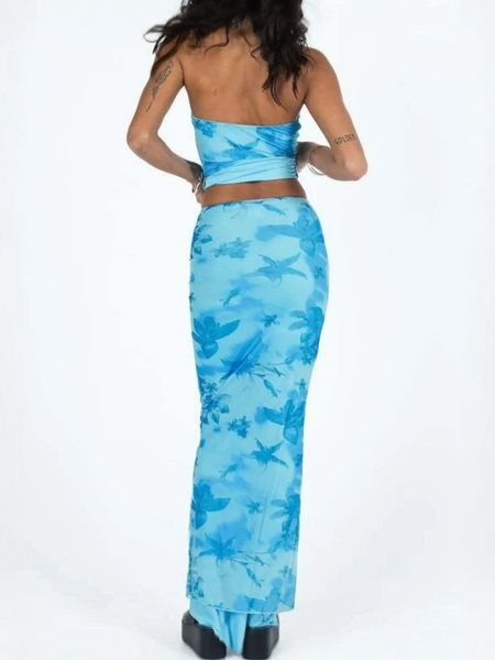 Trendsi chic two piece beachwear skirt set in blue floral pattern with a long fitted skirt and matching top