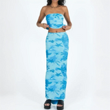Trendsi chic two piece beachwear skirt set in blue floral pattern with strapless top and long skirt