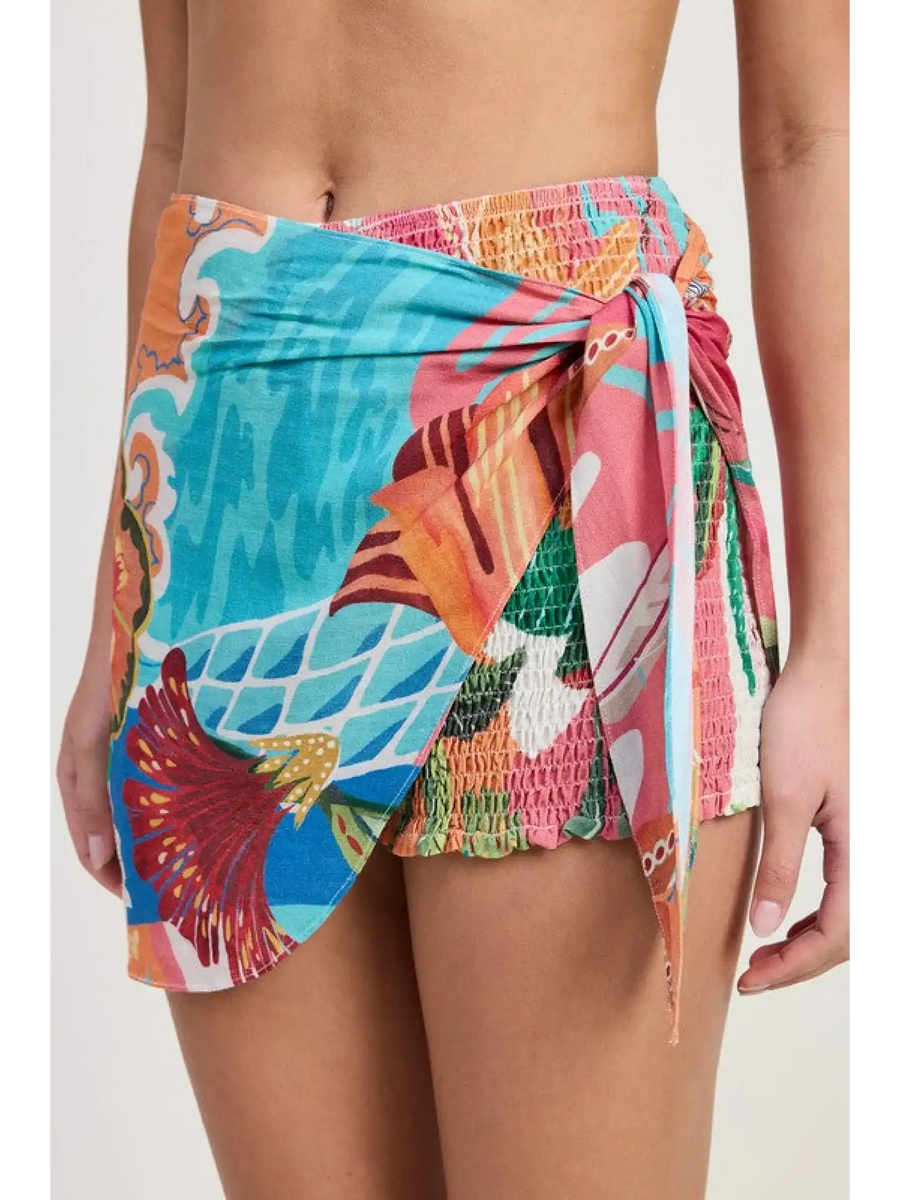 Emory Park colorful chic vacation sarong skirt with tropical print and side tie detail