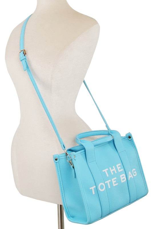 Fashion World blue Compact Tote Bag Satchel with adjustable shoulder strap and top handles