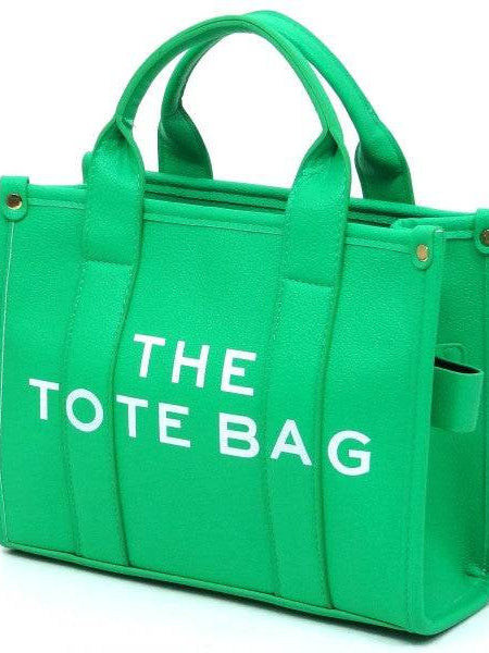 Fashion World green Compact Tote Bag Satchel with sturdy handles and printed text on front