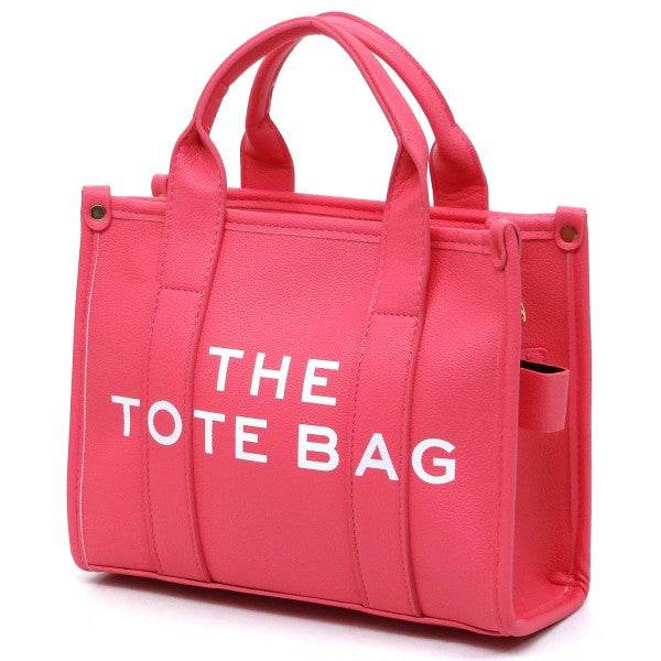 Fashion World pink Compact Tote Bag Satchel with sturdy handles and bold white text design