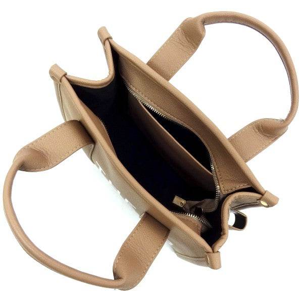 Fashion World beige Compact Tote Bag Satchel with dual handles and zipper interior pocket