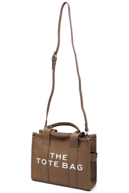 Fashion World Compact Tote Bag Satchel in brown with adjustable long strap and top handles