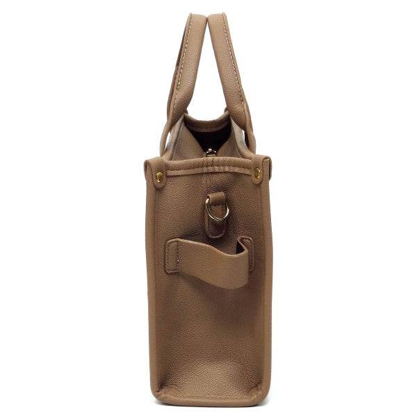 Fashion World Compact Tote Bag Satchel in brown leather shown from side view with handles