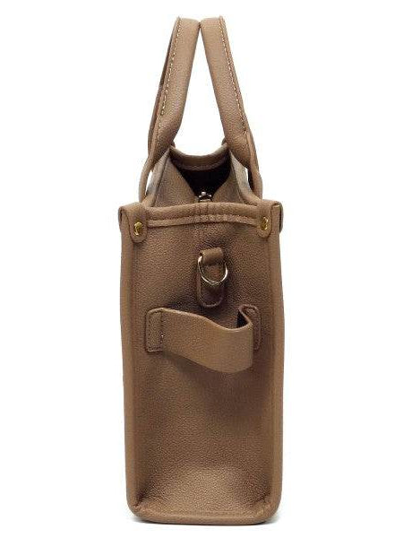 Fashion World Compact Tote Bag Satchel in brown leather shown from side view with handles