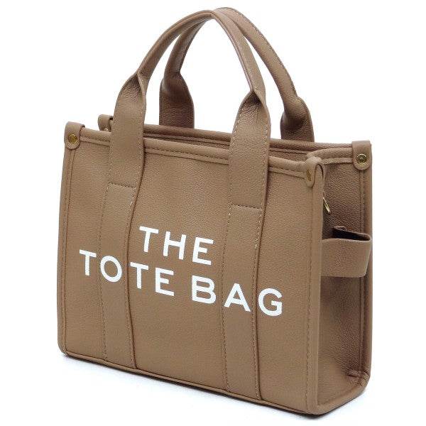 Fashion World Compact Tote Bag Satchel in beige with sturdy handles and white lettering