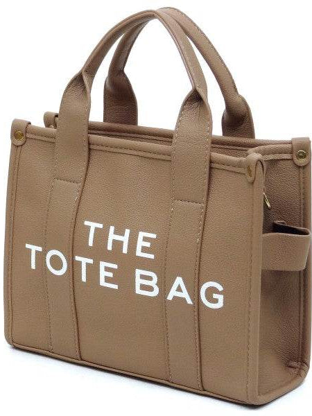 Fashion World Compact Tote Bag Satchel in beige with sturdy handles and white lettering