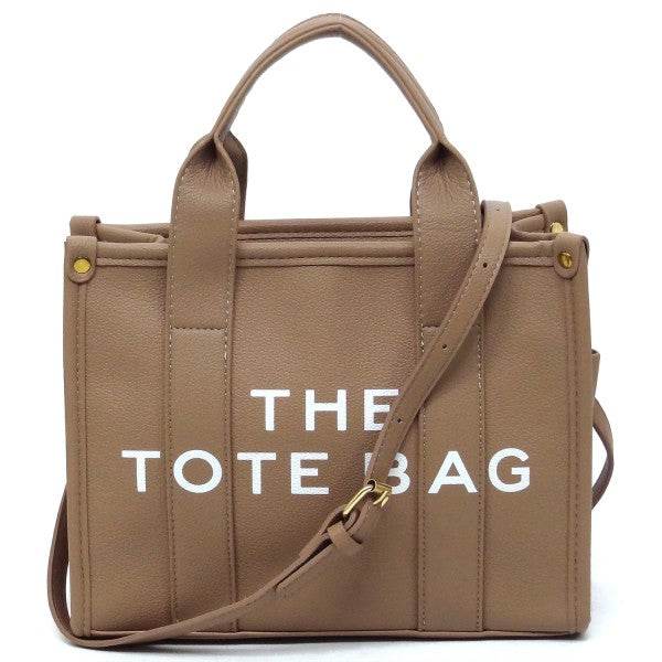 Fashion World compact tote bag satchel in taupe with top handles and adjustable shoulder strap