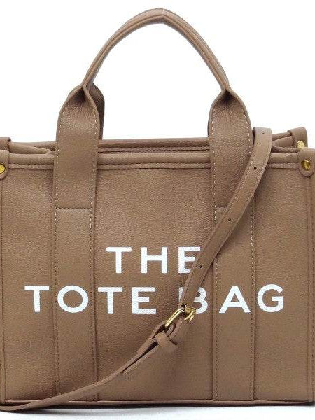 Fashion World compact tote bag satchel in taupe with top handles and adjustable shoulder strap