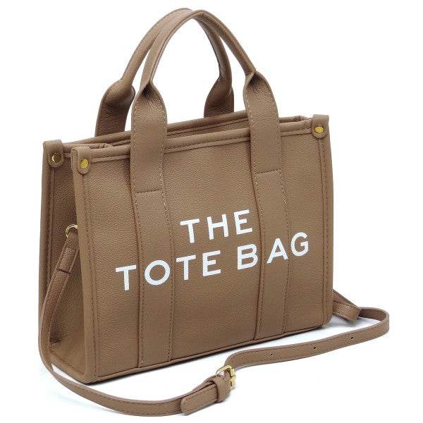 Fashion World Compact Tote Bag Satchel in brown with dual handles and adjustable shoulder strap