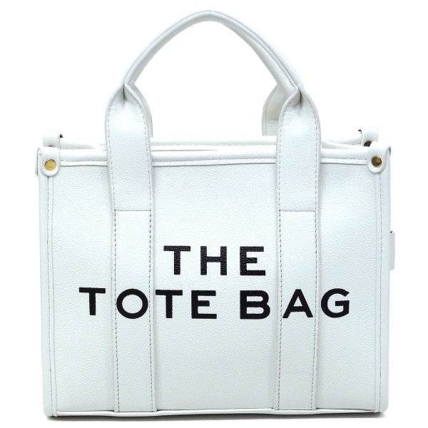 Fashion World white compact tote bag satchel with black text and sturdy handles