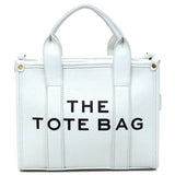 Fashion World white compact tote bag satchel with black text and sturdy handles