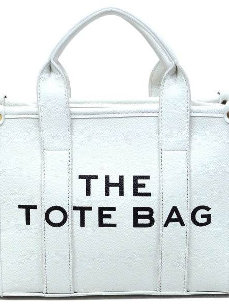 Fashion World white compact tote bag satchel with black text and sturdy handles
