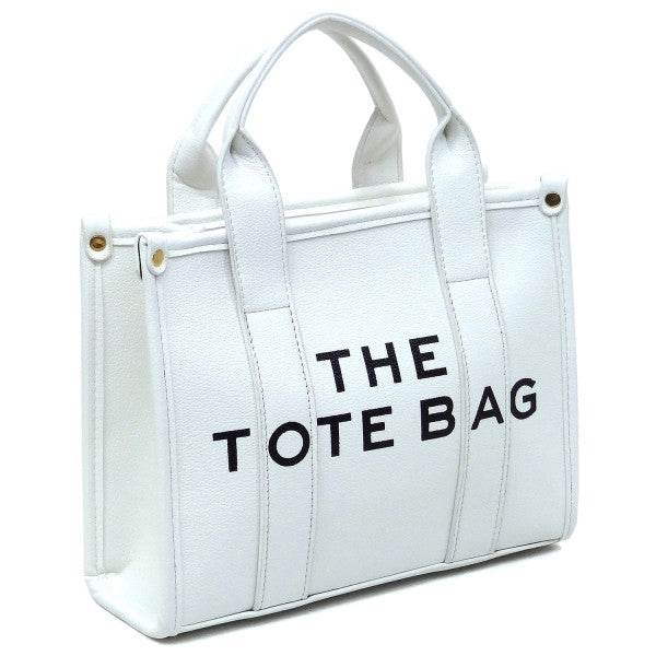 White Compact Tote Bag Satchel from Fashion World with black text and sturdy handles