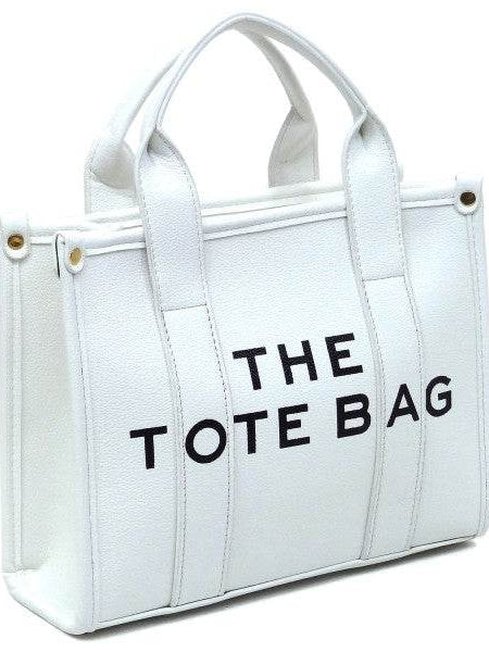 White Compact Tote Bag Satchel from Fashion World with black text and sturdy handles