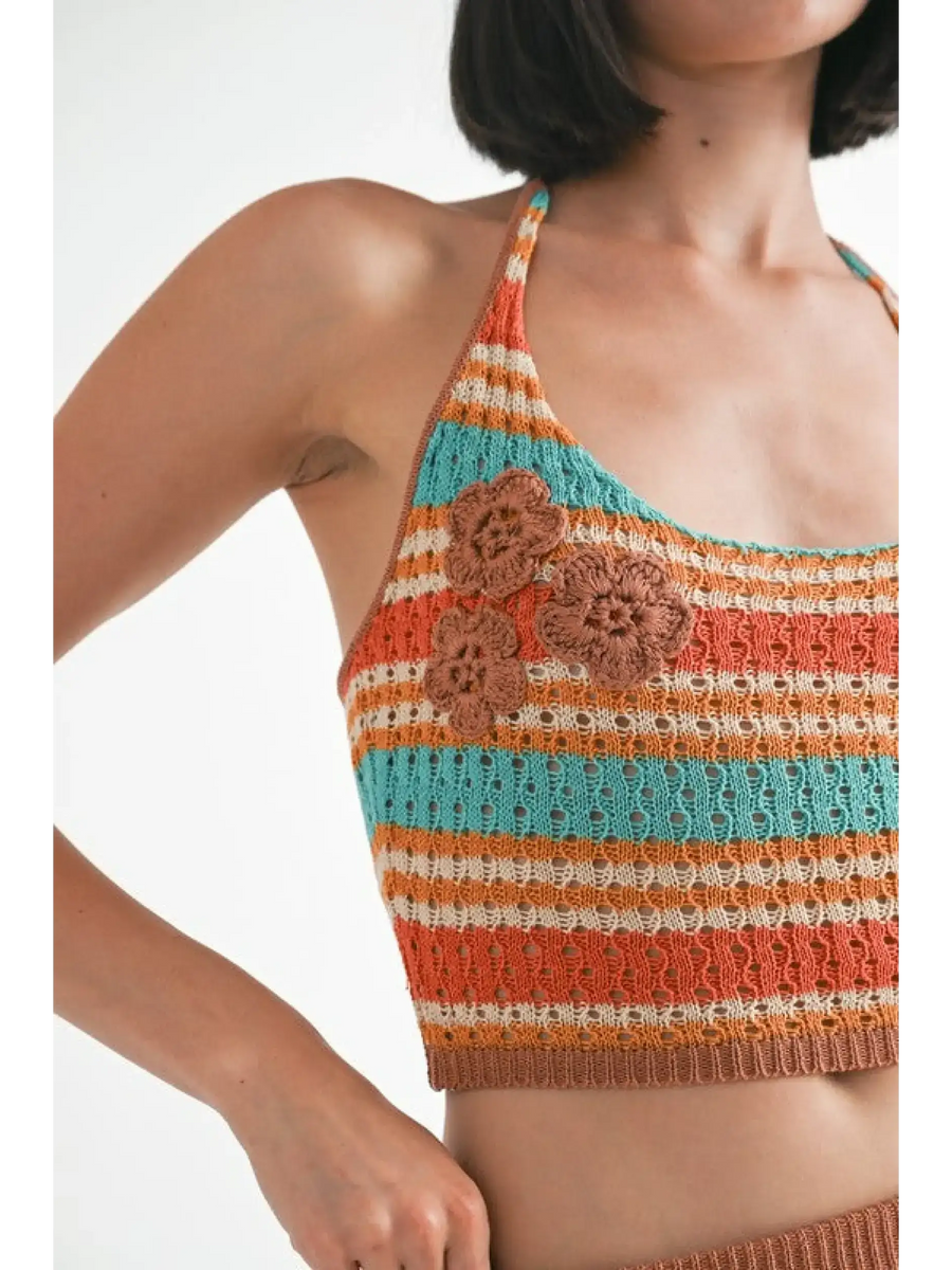 Emory Park crochet halter crop top with multicolor stripes and floral accents sleeveless knit design