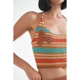 Emory Park crochet halter crop top with multicolor stripes and floral accents sleeveless knit design