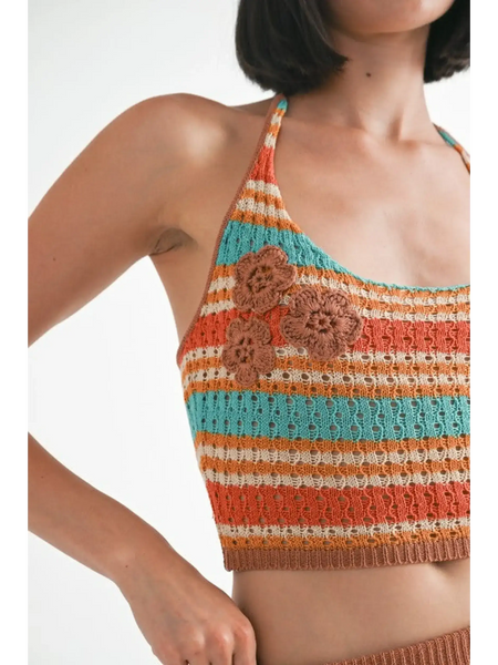 Emory Park crochet halter crop top with multicolor stripes and floral accents sleeveless knit design