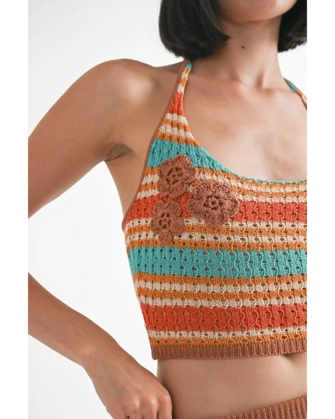Emory Park crochet halter crop top with multicolor stripes and floral accents sleeveless knit design