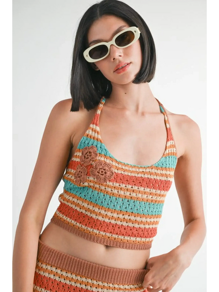 Emory Park crochet halter crop top in orange, teal, and beige stripes with floral accents