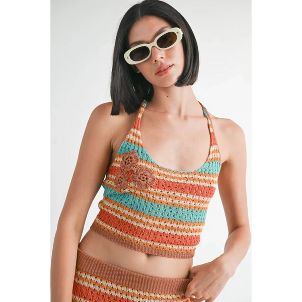 Emory Park crochet halter crop top in orange, teal, and beige stripes with floral accents