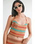 Emory Park crochet halter crop top in orange, teal, and beige stripes with floral accents