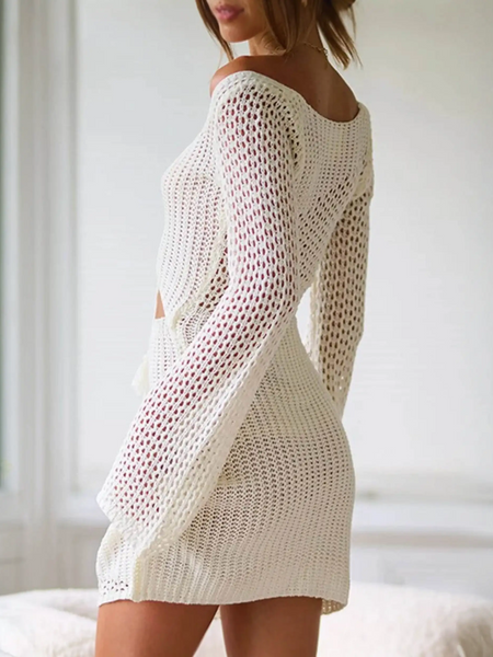 Babe Beachwaer white cutout crochet beach mini coverup with long sleeves and off-shoulder design