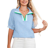 EG fashion dolman sleeve summer top for women striped blue and white short sleeve shirt with zipper collar