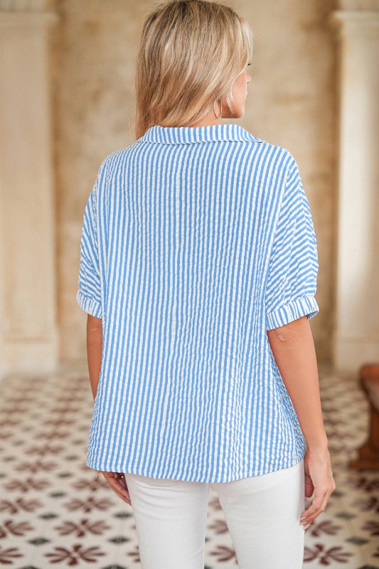 EG fashion dolman sleeve summer top for women in blue and white stripes with short sleeves2
