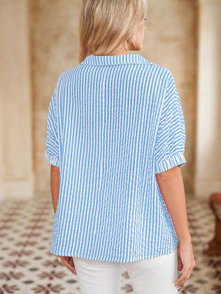 EG fashion dolman sleeve summer top for women in blue and white stripes with short sleeves2