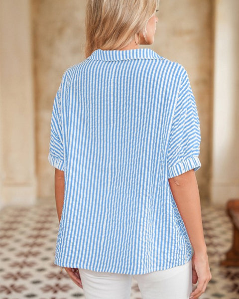 EG fashion dolman sleeve summer top for women in blue and white stripes with short sleeves2