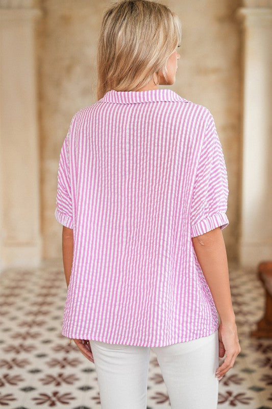 EG fashion dolman sleeve summer top for women in pink and white stripes shown from back