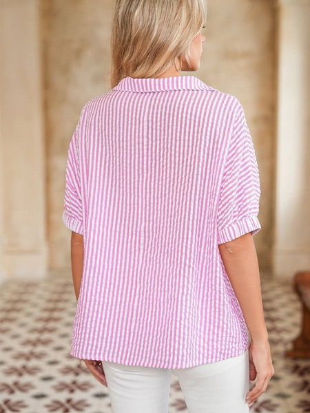 EG fashion dolman sleeve summer top for women in pink and white stripes shown from back