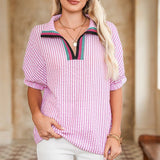 EG fashion dolman sleeve summer top for women in pink and white stripes with short sleeves and collar