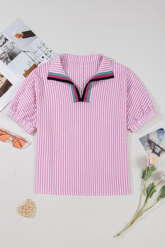 EG fashion pink striped dolman sleeve summer top for women with short sleeves and contrast collar