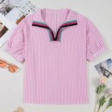 EG fashion pink striped dolman sleeve summer top for women with short sleeves and contrast collar