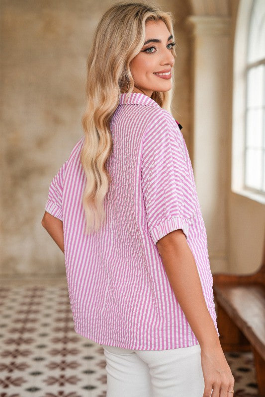 EG fashion pink striped dolman sleeve summer top for women with short sleeves and relaxed fit