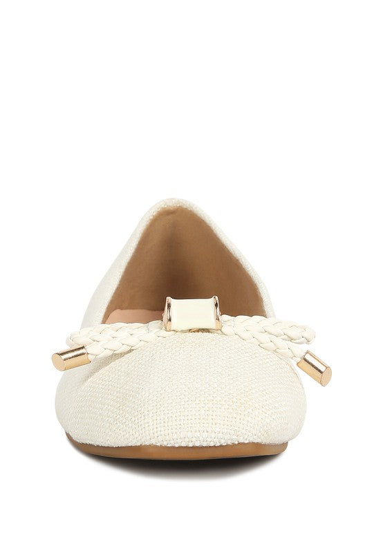 Rag Company dressy flats with bow for summer in white textured fabric with braided bow detail